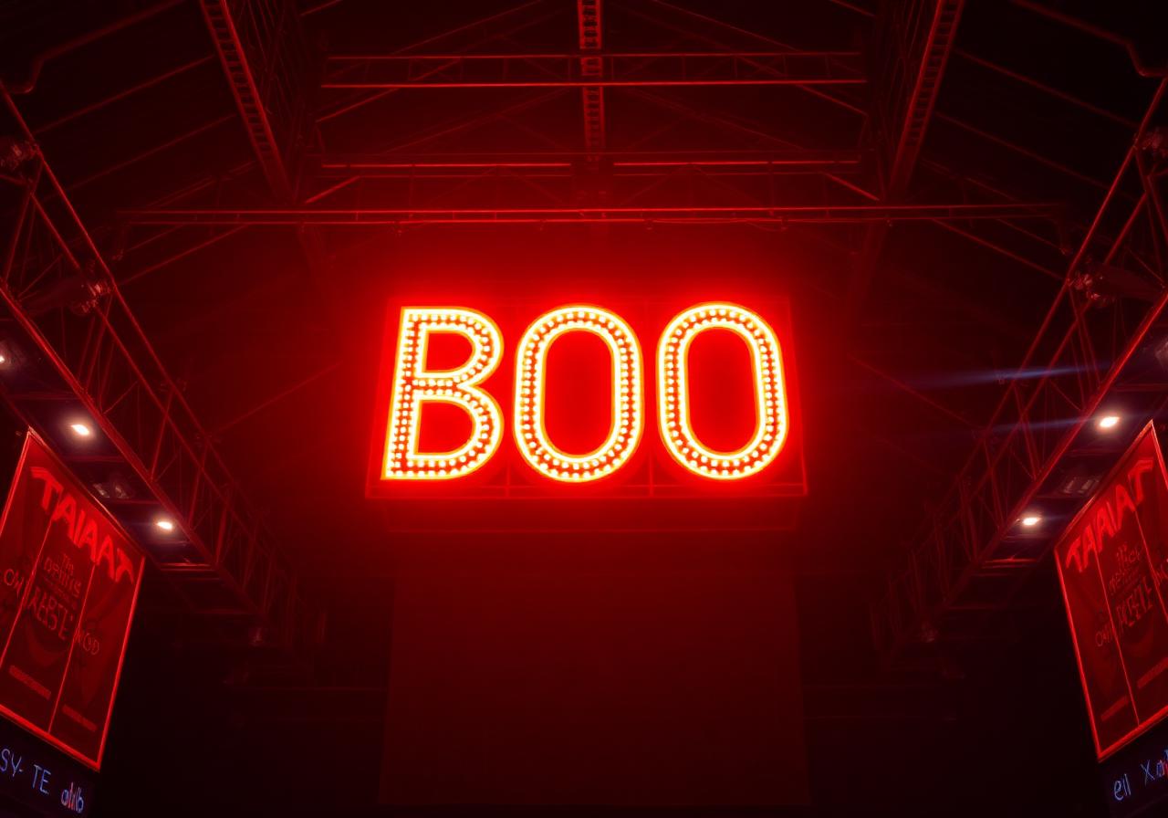 Giant red neon BOO sign